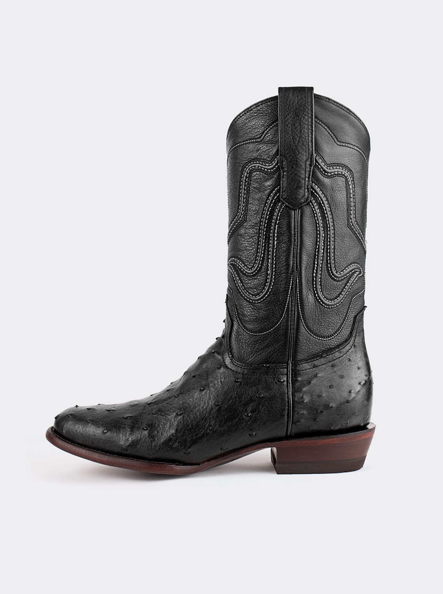 Bota Vaquera con Suela de Cuero en Piel Genuina de Avestruz Negro Estilo 1055