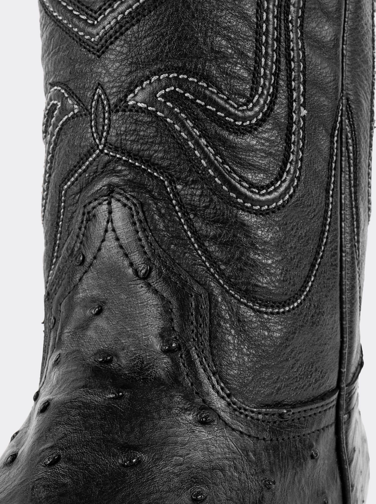 Bota Vaquera con Suela de Cuero en Piel Genuina de Avestruz Negro Estilo 1055