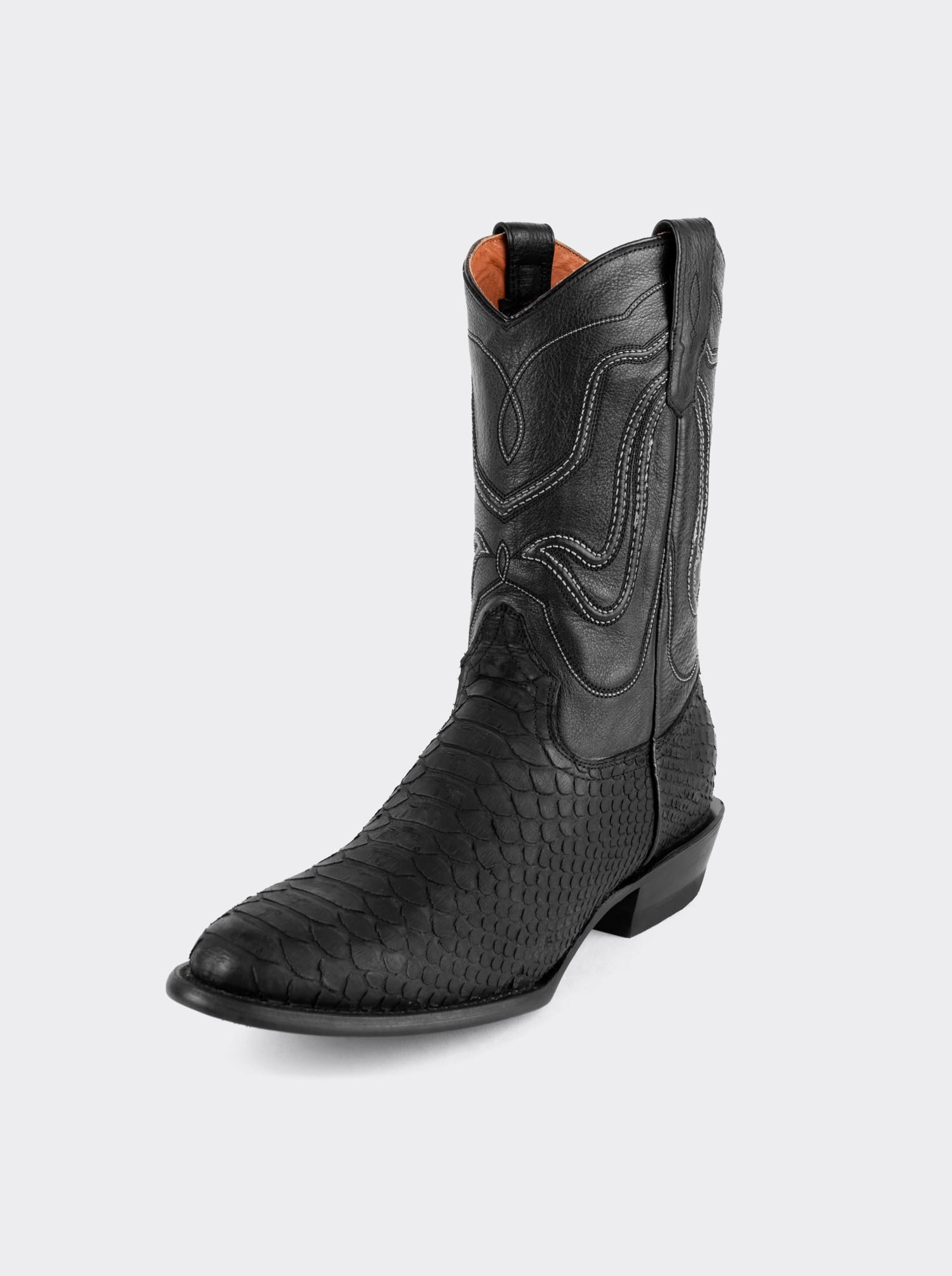 Bota Vaquera con Suela de Cuero en Piel Genuina de Pitón Nobuck Negro Estilo 1055