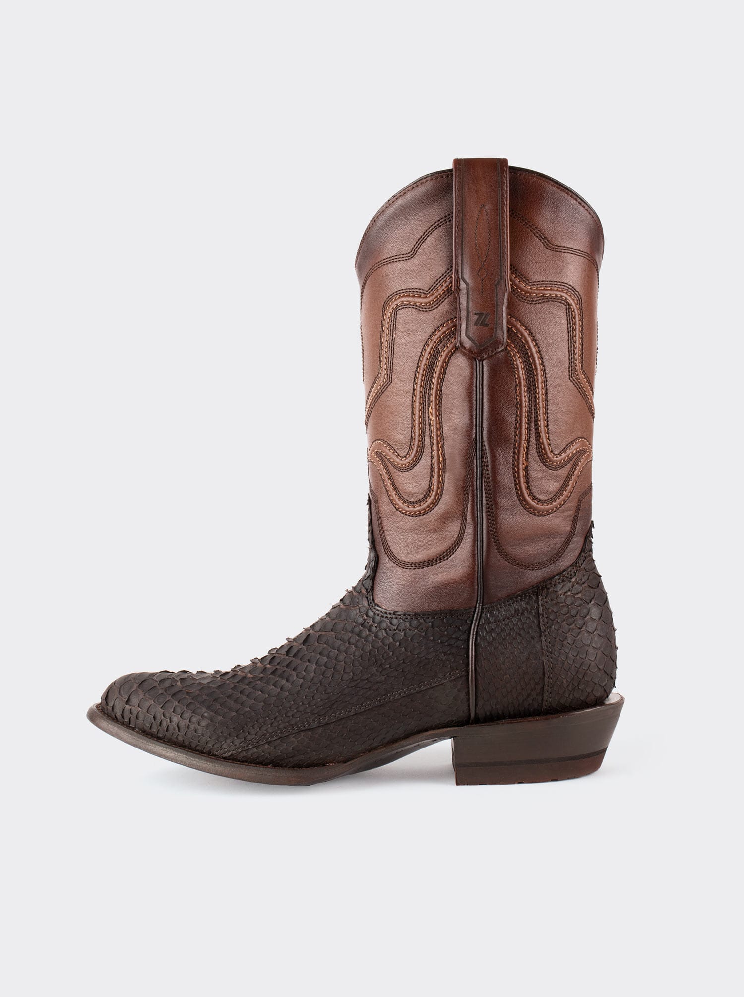 Bota Vaquera con Suela de Cuero en Piel Genuina de Pitón Nobuck Café Estilo 1055