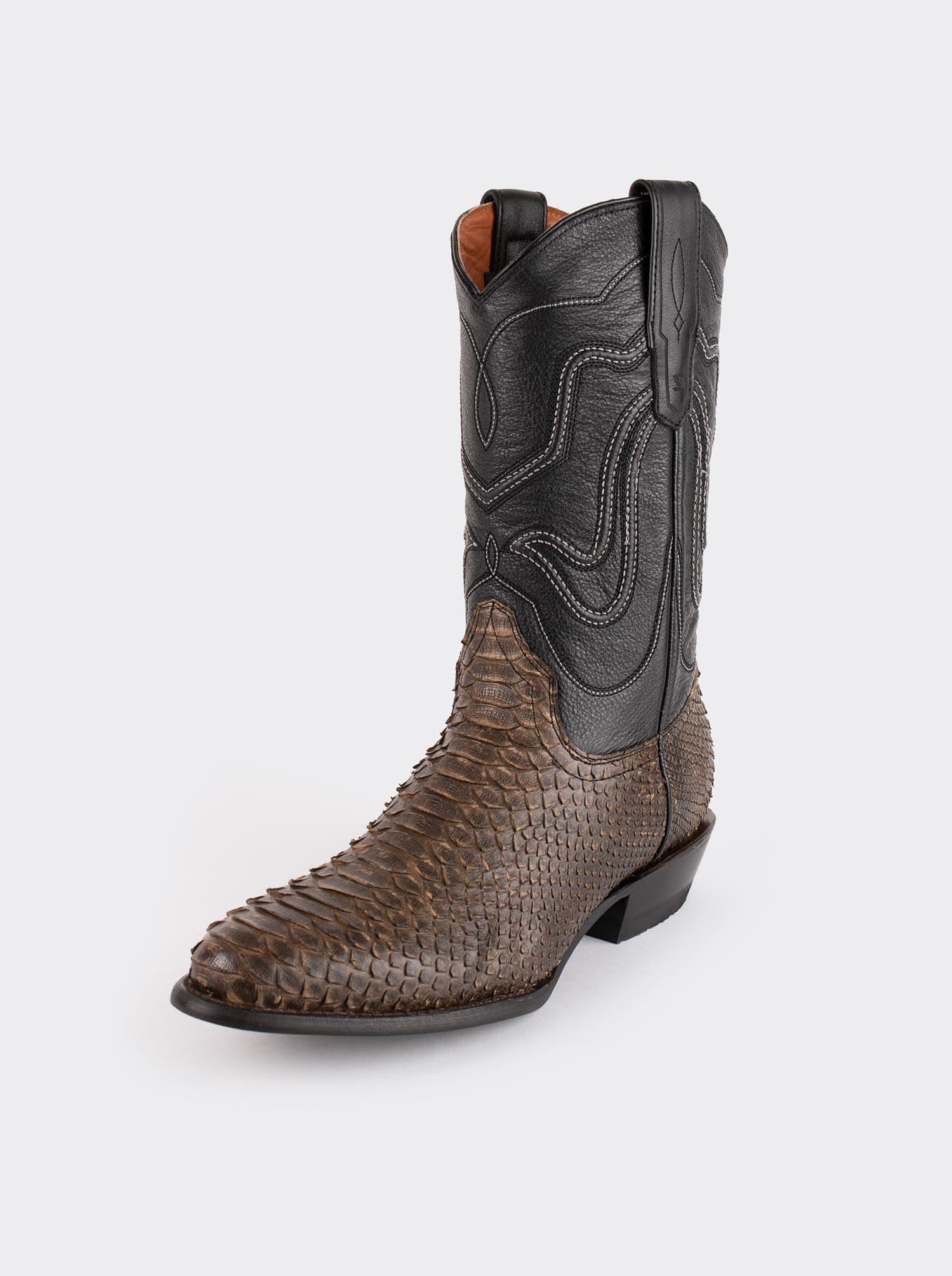 Bota Vaquera con Suela de Cuero en Piel Genuina de Pitón Taupe Estilo 1055