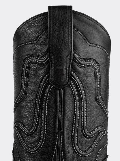 Bota Vaquera con Suela de Cuero en Piel Genuina de Avestruz Negro Estilo 1055