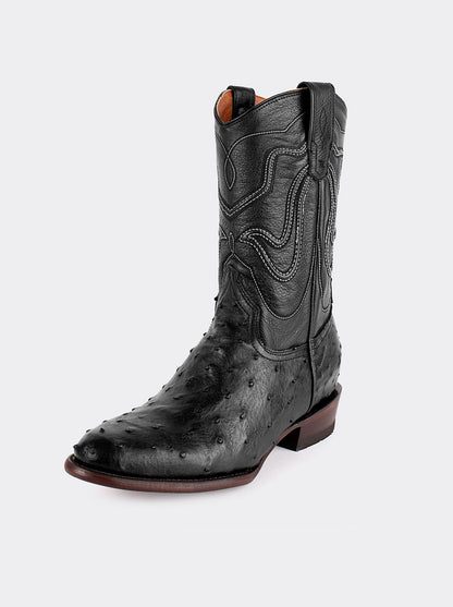 Bota Vaquera con Suela de Cuero en Piel Genuina de Avestruz Negro Estilo 1055