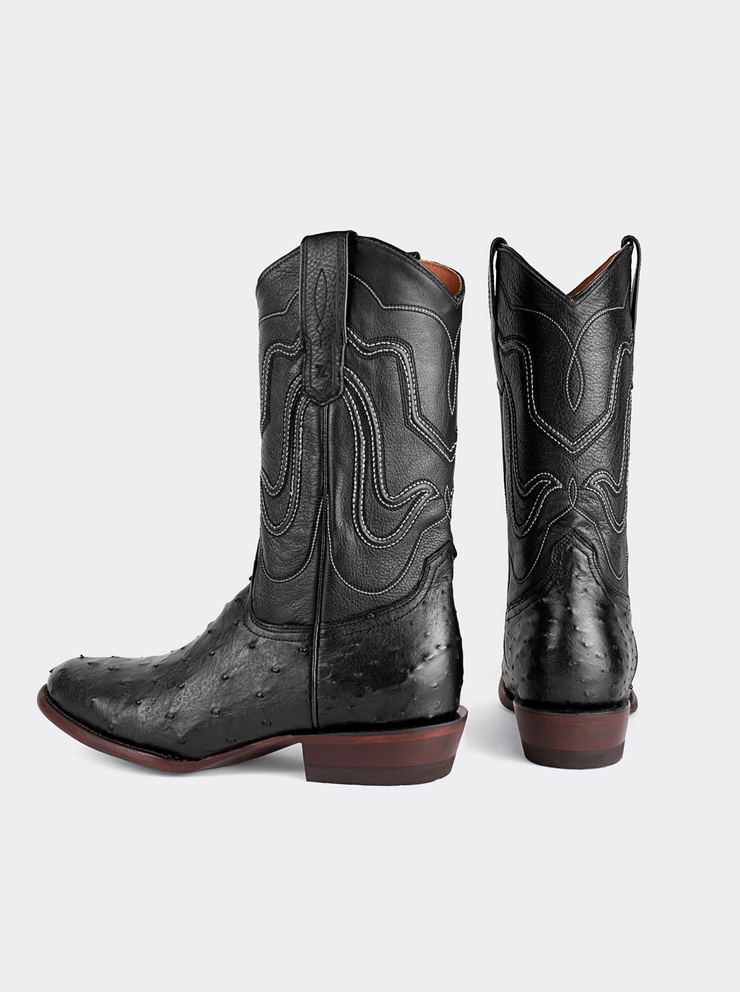 Bota Vaquera con Suela de Cuero en Piel Genuina de Avestruz Negro Estilo 1055