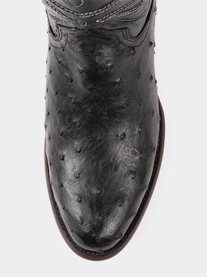 Bota Vaquera con Suela de Cuero en Piel Genuina de Avestruz Negro Estilo 1055