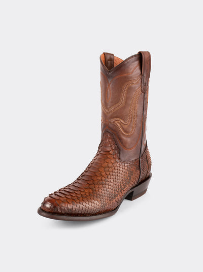 Bota Vaquera con Suela de Cuero en Piel Genuina de Pitón Caramel Estilo 1055