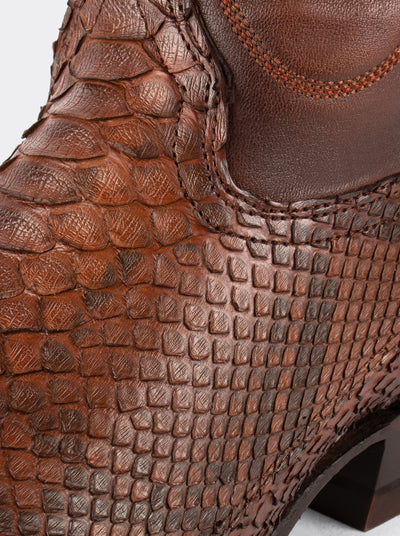 Bota Vaquera con Suela de Cuero en Piel Genuina de Pitón Caramel Estilo 1055