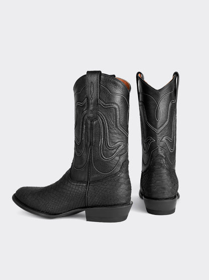 Bota Vaquera con Suela de Cuero en Piel Genuina de Pitón Nobuck Negro Estilo 1055