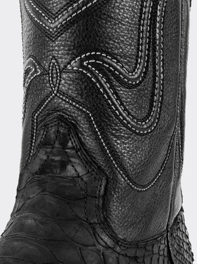 Bota Vaquera con Suela de Cuero en Piel Genuina de Pitón Nobuck Negro Estilo 1055