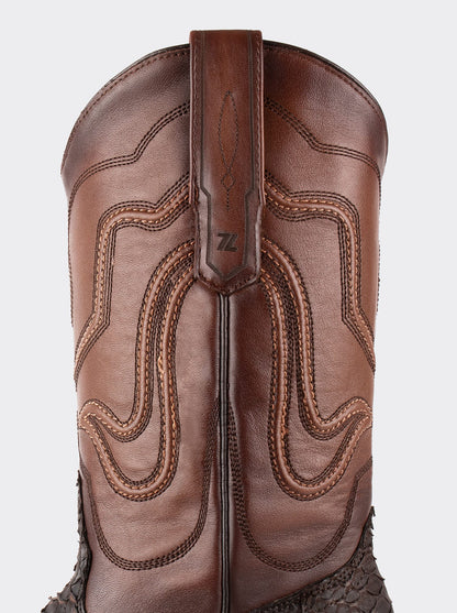 Bota Vaquera con Suela de Cuero en Piel Genuina de Pitón Nobuck Café Estilo 1055