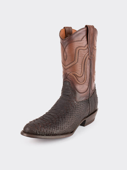 Bota Vaquera con Suela de Cuero en Piel Genuina de Pitón Nobuck Café Estilo 1055