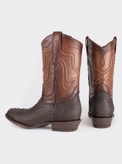 Bota Vaquera con Suela de Cuero en Piel Genuina de Pitón Nobuck Café Estilo 1055