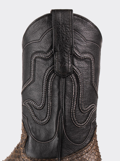 Bota Vaquera con Suela de Cuero en Piel Genuina de Pitón Taupe Estilo 1055