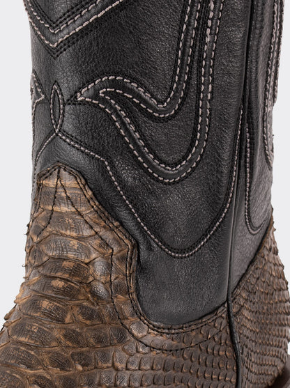 Bota Vaquera con Suela de Cuero en Piel Genuina de Pitón Taupe Estilo 1055