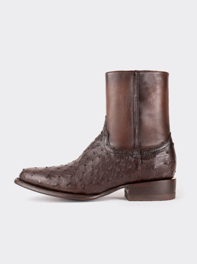 Botín Vaquero con Cierre en Piel Genuina de Avestruz color Chocolato Estilo 11200