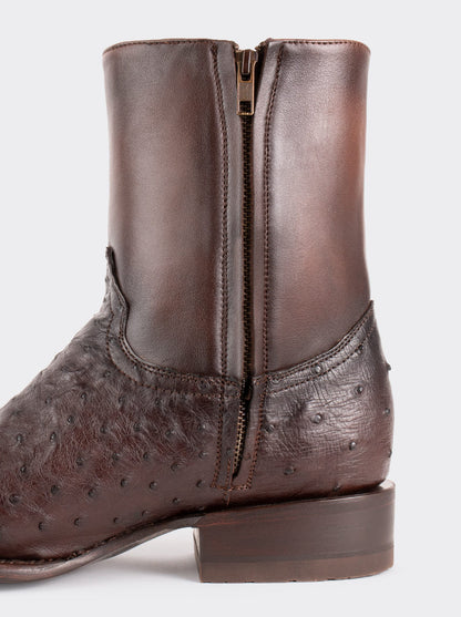 Botín Vaquero con Cierre en Piel Genuina de Avestruz color Chocolato Estilo 11200