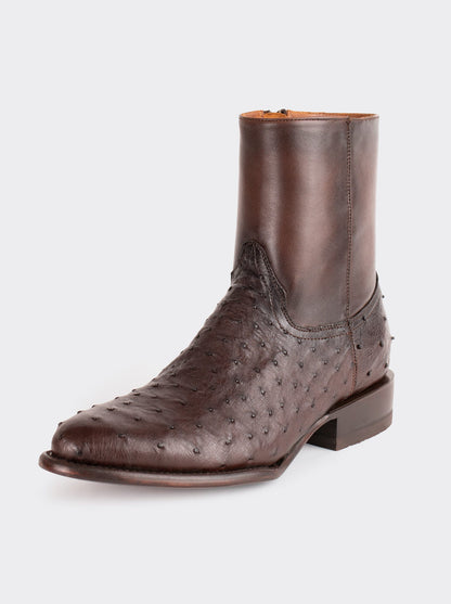 Botín Vaquero con Cierre en Piel Genuina de Avestruz color Chocolato Estilo 11200