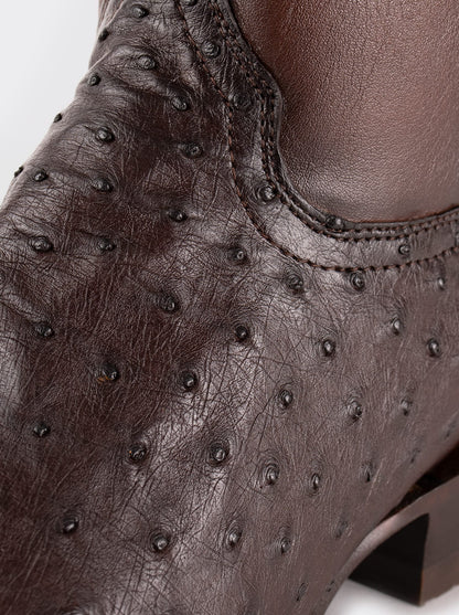 Botín Vaquero con Cierre en Piel Genuina de Avestruz color Chocolato Estilo 11200