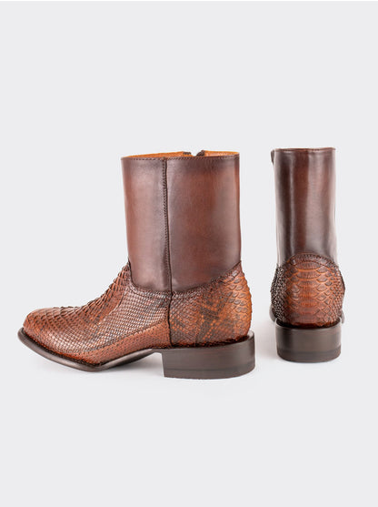 Botín Vaquero con Cierre en Piel Genuina de Pitón Color Caramel Estilo 11200