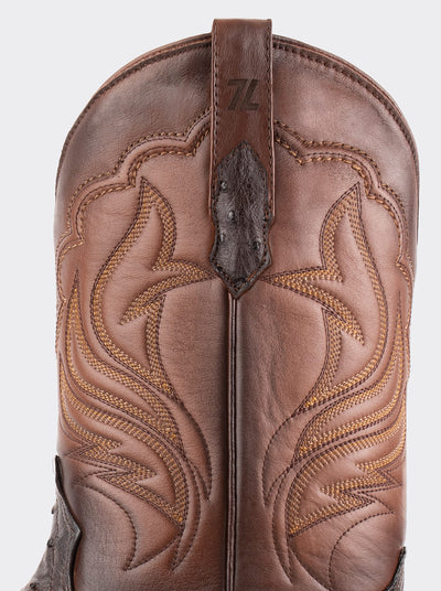 Bota Rodeo con Suela de Cuero en Piel Genuina de Avestruz Chocolato Estilo 1558