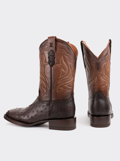 Bota Rodeo con Suela de Cuero en Piel Genuina de Avestruz Chocolato Estilo 1558