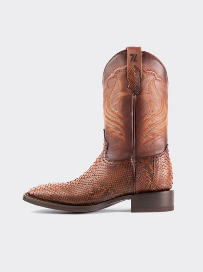 Bota Rodeo con Suela de Cuero en Piel Genuina de Pitón Caramel Estilo 1558