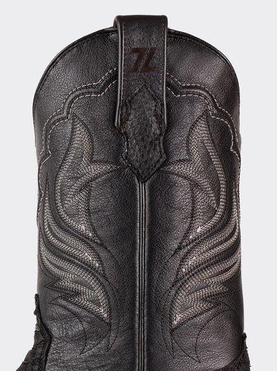 Bota Rodeo con Suela de Cuero en Piel Genuina de Pitón Nobuck Negro Estilo 1558