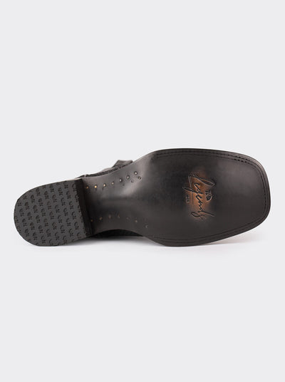 Bota Rodeo con Suela de Cuero en Piel Genuina de Pitón Nobuck Negro Estilo 1558