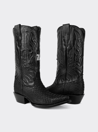 Bota Vaquera con Suela de Cuero en Piel Genuina de Piton Nobuck Negro estilo 1751