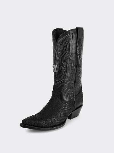 Bota Vaquera con Suela de Cuero en Piel Genuina de Piton Nobuck Negro estilo 1751