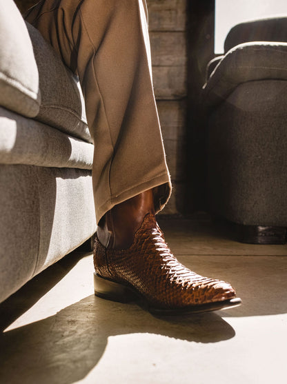 Botín Vaquero con Cierre en Piel Genuina de Pitón Color Caramel Estilo 11200